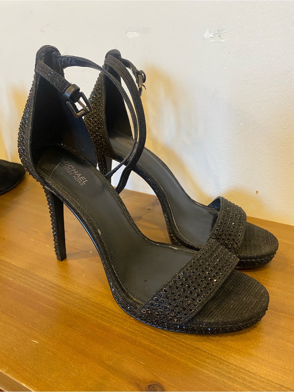 Michael Kors Black Crystal-Embellished Ankle-Strap Stiletto Sandals